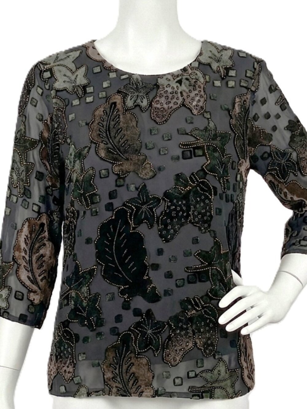 Vintage Jiao Snow Bell Velour & Mesh Floral Top